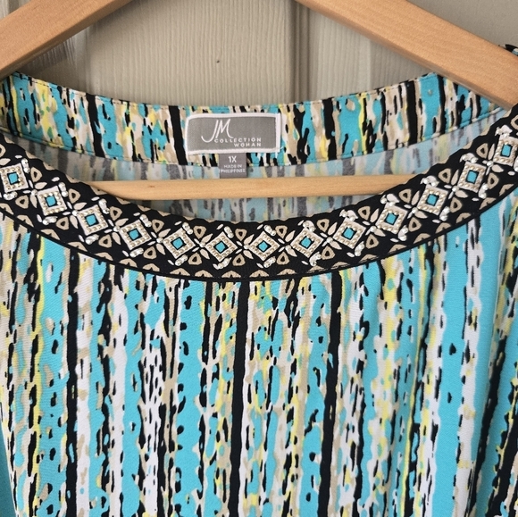 JM Collection Tunic Blouse Women 1X Blue White Tie Front Stretchy Colorful - Picture 7 of 14